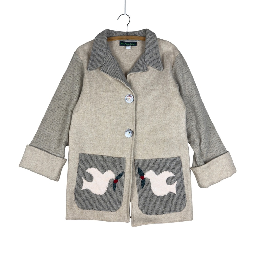 Vtg Rusty Tipton Designs Wool Coat Women's Small Beige Gray Applique Folk Jacket